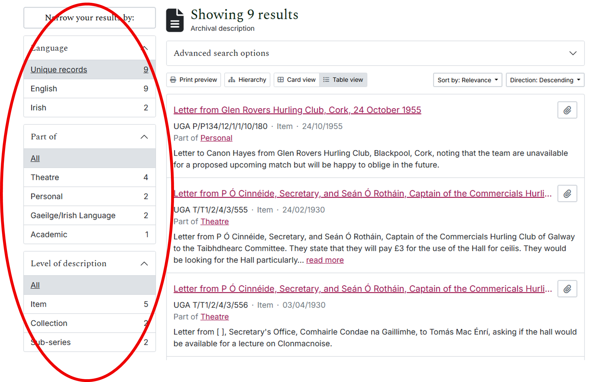 Screenshot showing filtering options