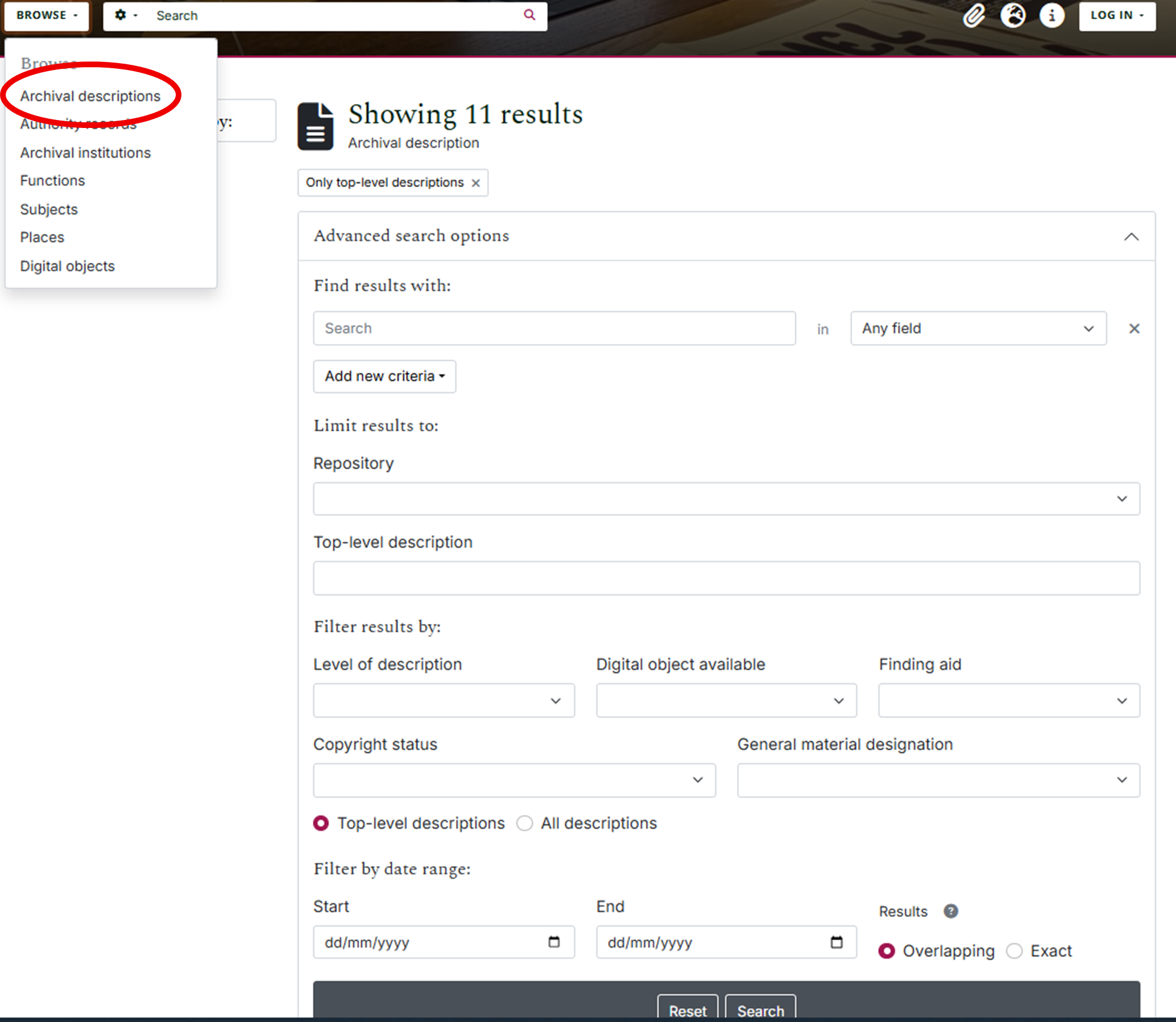 Screenshot showing Advanced Search screen